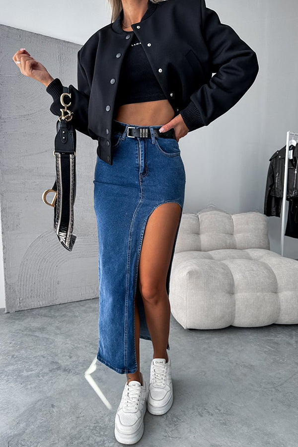 Updated Style Denim High Waisted Slit Irregular Midi Skirt