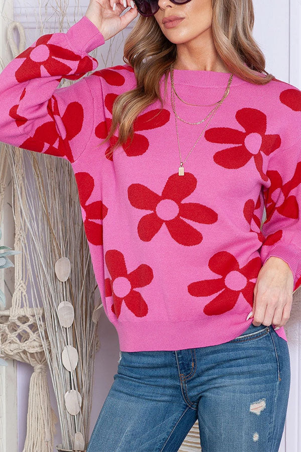 Floral Print Knitted Long Sleeve Pullover Sweater