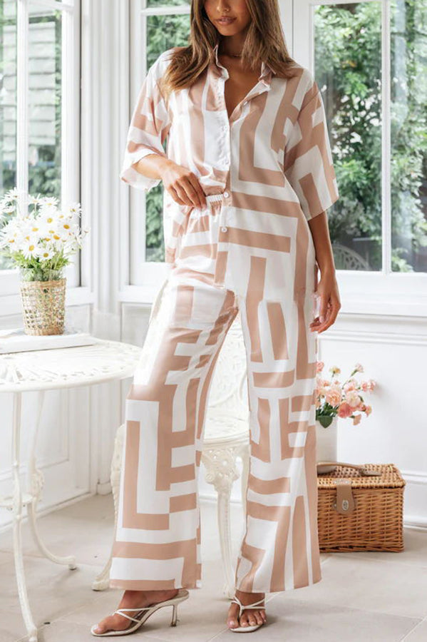 Leisure Coastal Geometric Printed Blouse and Elastic Waist Pants Set