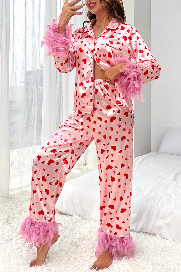 Cater To You Heart Printed Feather Trim Shirt Elastic Waist Pocket Pajama Set