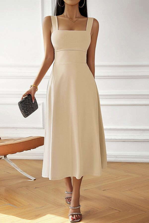 Solid Color Suspender High Waist Strappy Midi Dress