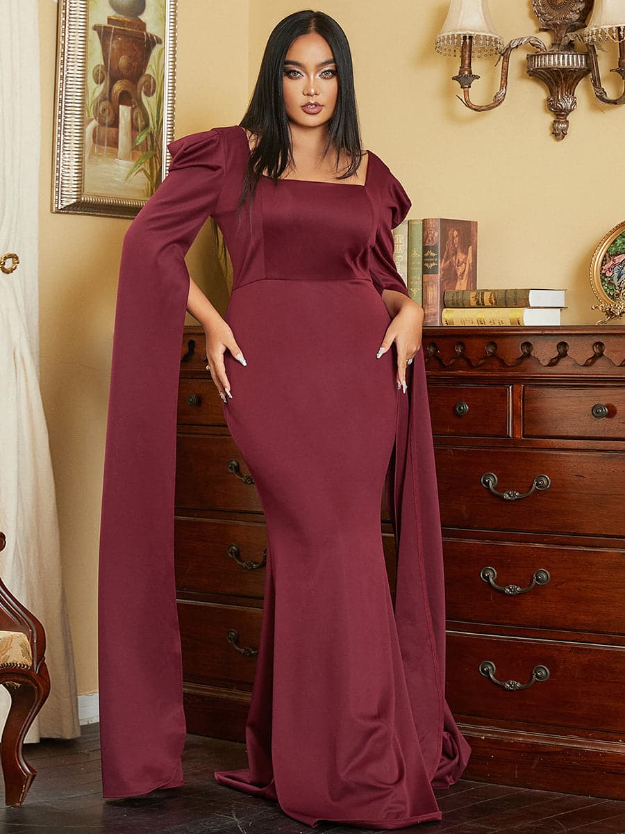 Plus Size Square Neck Slit Sleeves Wine Evening Dress PXJ878