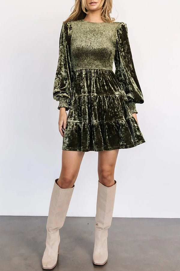 Kele Velvet Balloon Sleeve Patchwork Smocked Crew Neck Mini Dress