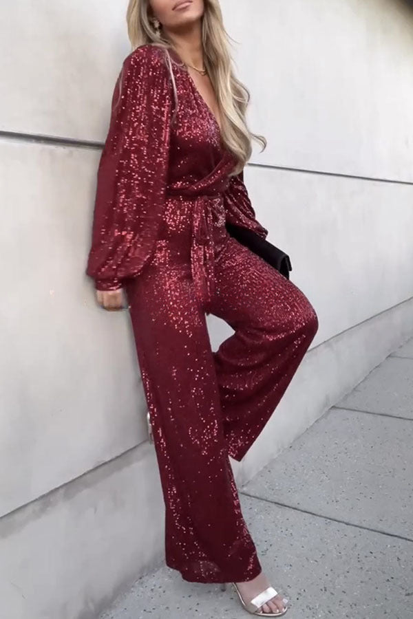 Whole New World Sequin Front Tie Flare Jumpsuit