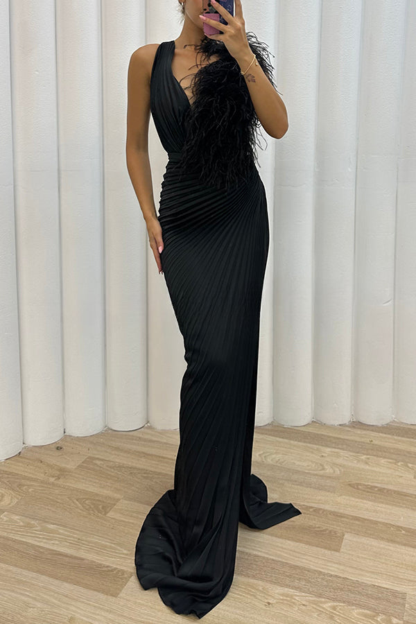 Forever Stunning Pleated Feather Trim Slit Evening Maxi Dress