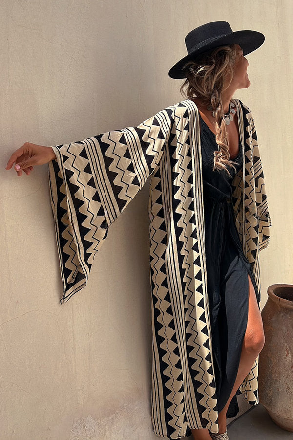 Retro Ethnic Print Open Front Bell Sleeve Duster Kimono