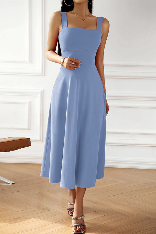 Solid Color Suspender High Waist Strappy Midi Dress