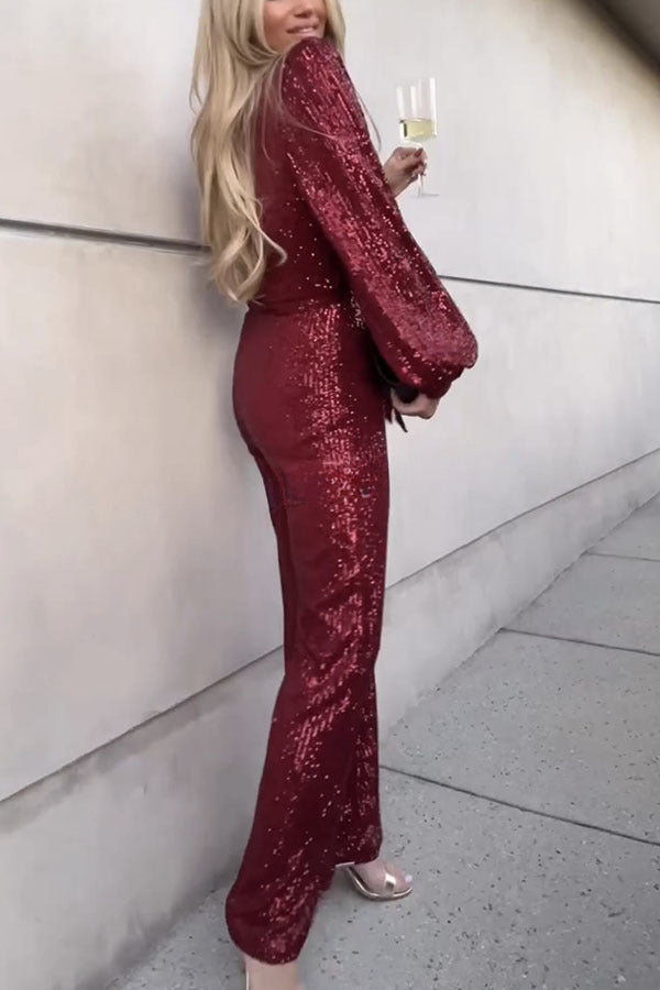 Whole New World Sequin Front Tie Flare Jumpsuit