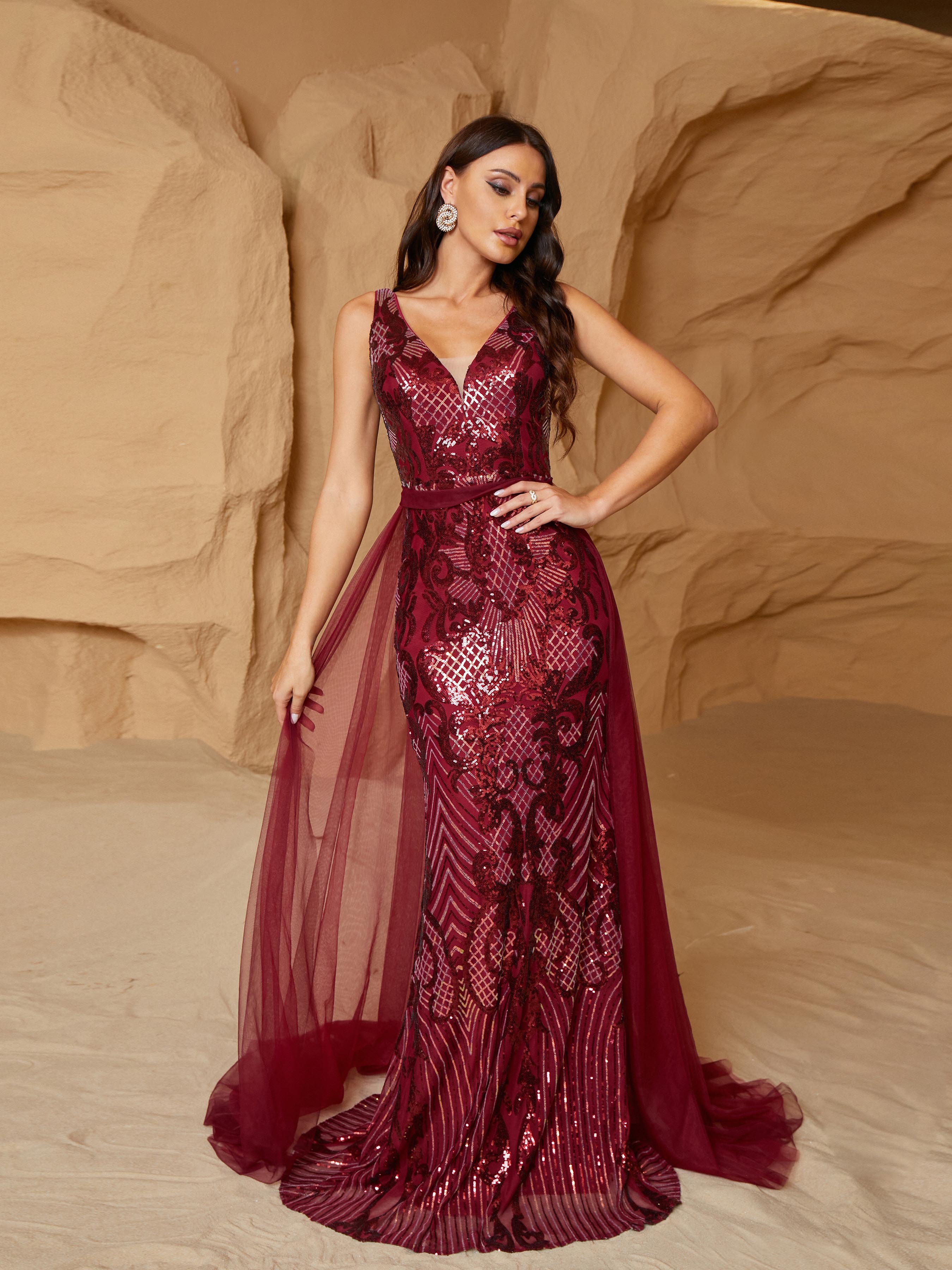 Formal Mesh Draped Sequin Burgundy Evening Dress RJ10863