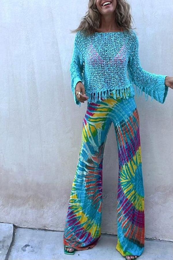 Happy Journey Tie-dye Print High Waist Stretch Flare Pants