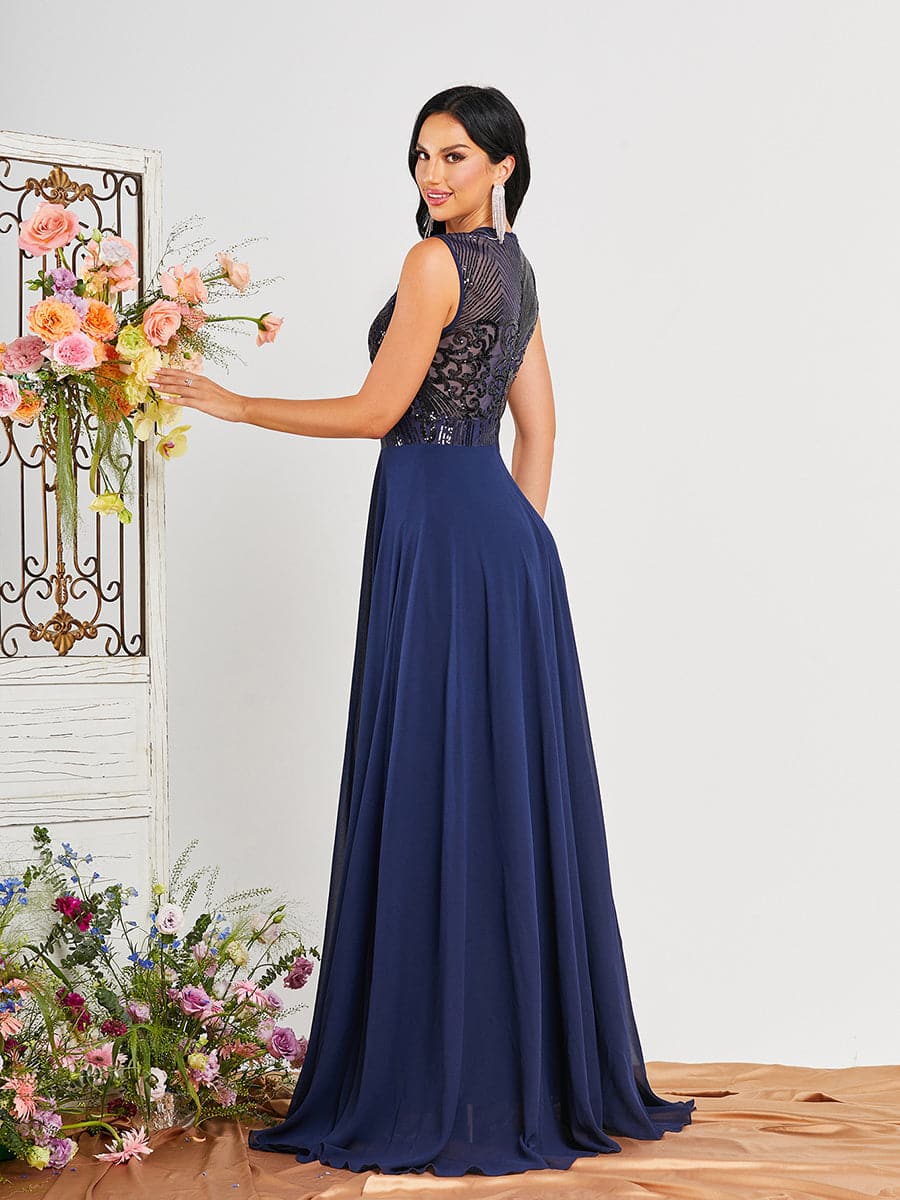 A-Line Sleeveless Panel Chiffon Blue Maxi Prom Dress RM20393