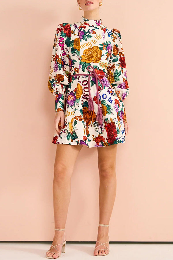 Palermo Floral Print Lace Up Long Sleeved Mini Dress