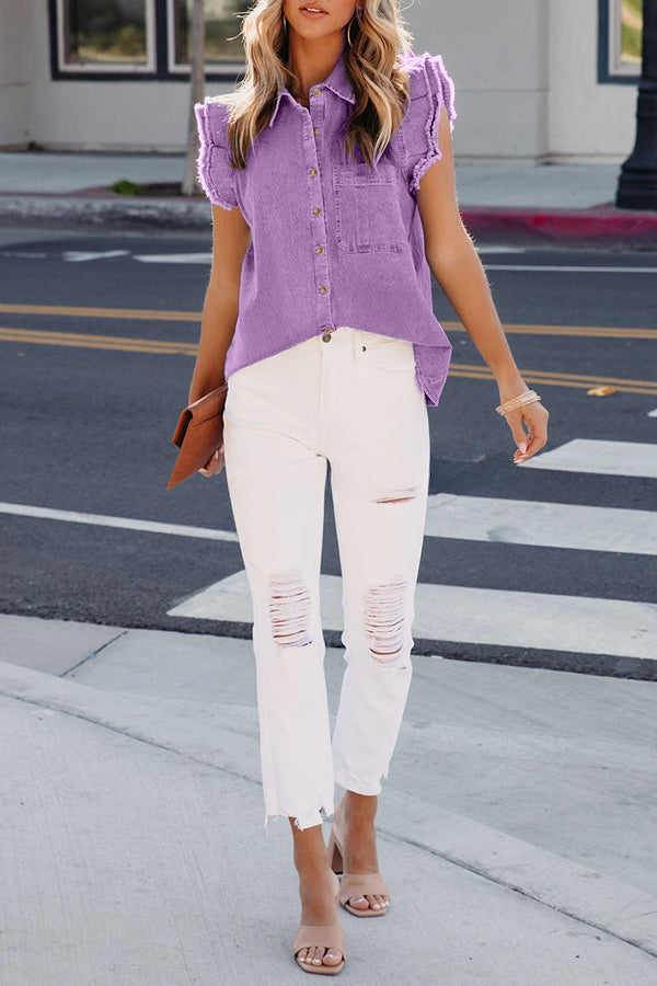 Lapel Pocket Denim Button Down Short Sleeve Top