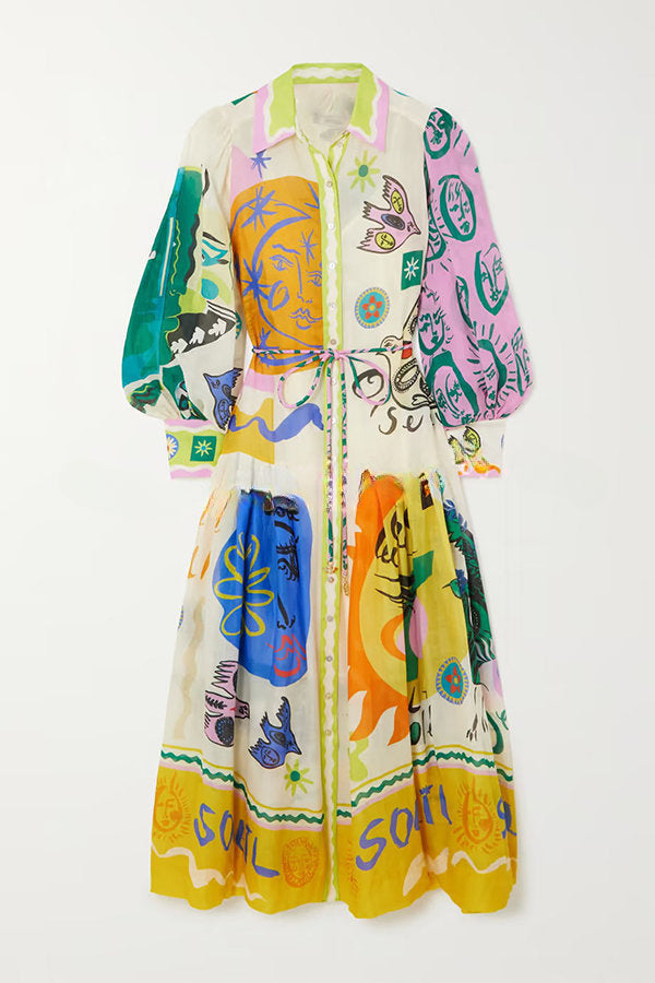 Boldness and Art Unique Print Balloon Sleeve Patchwork Shirt Midi Dress