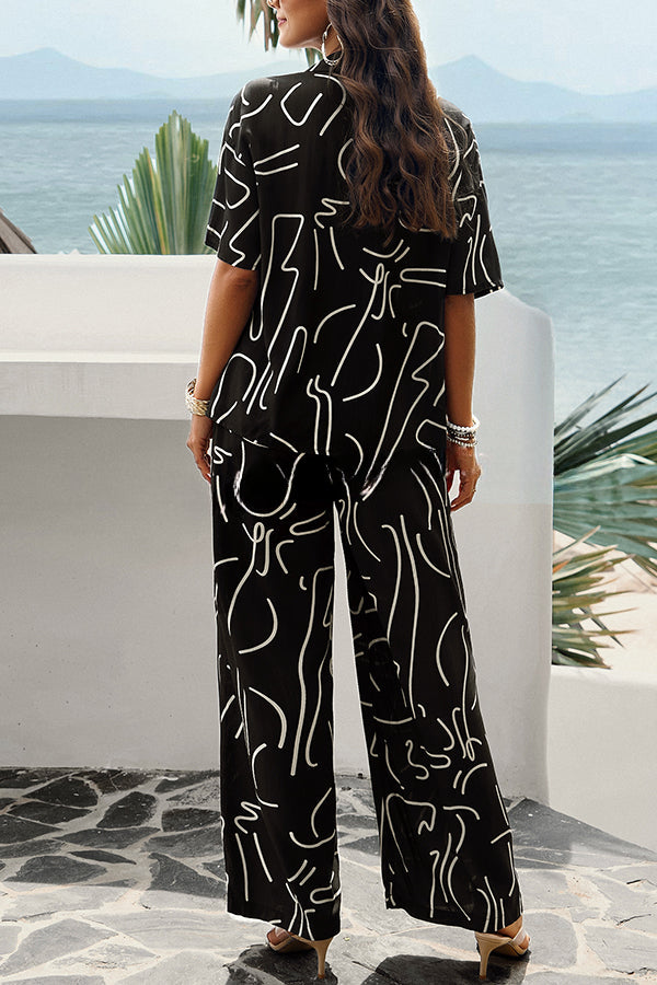 Fun Printed Button Pocket Long Sleeve Shirt and Elastic Waist Pants Set