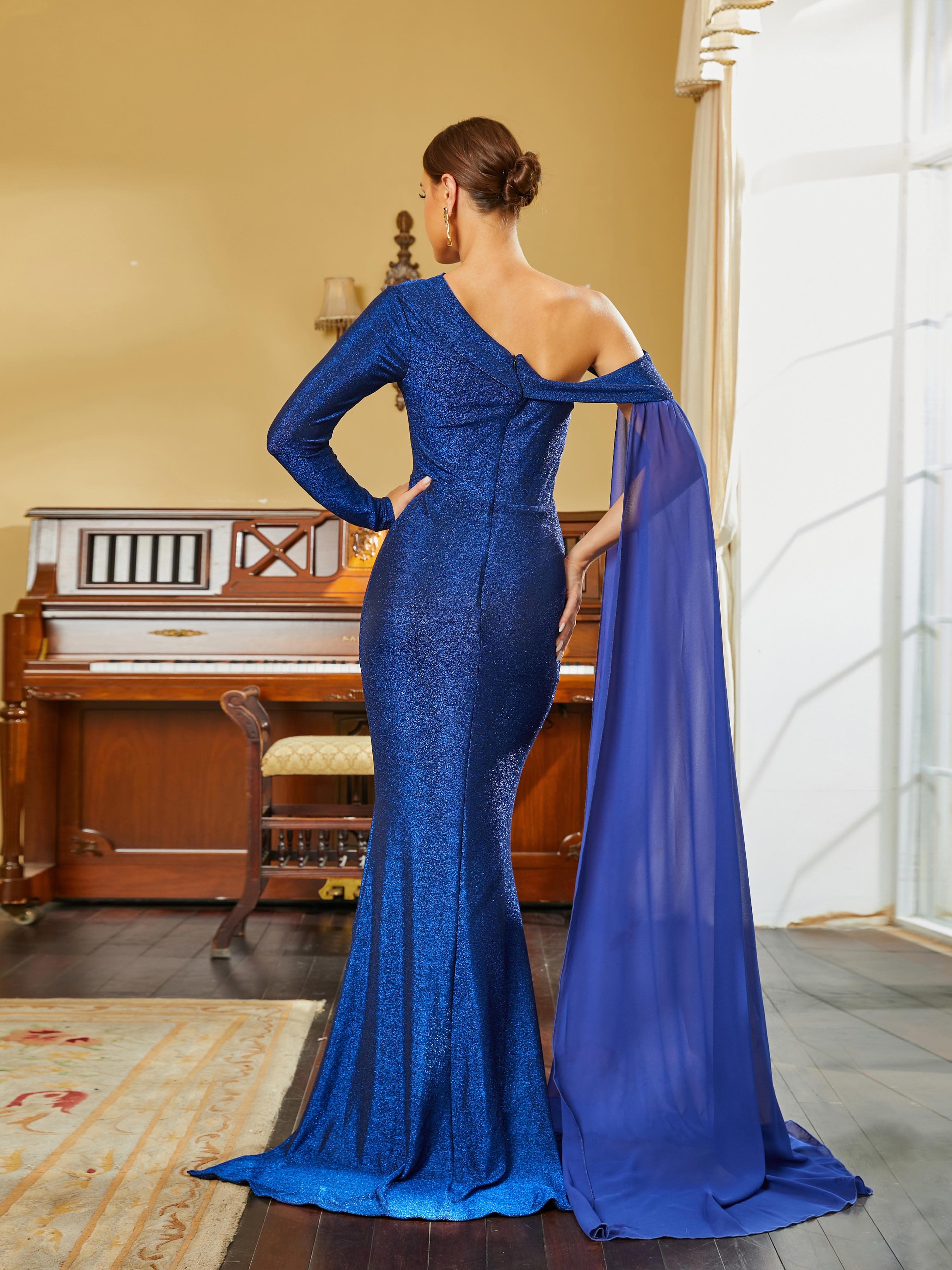 One Shoulder Long Sleeve Draped Blue Prom Dress RH30556