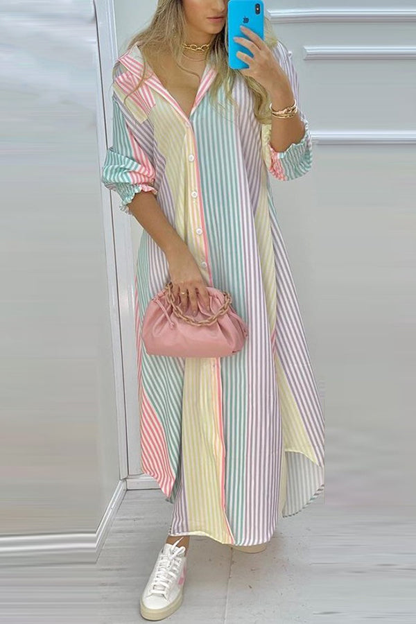 Colorful Stripe Button Down Long Shirt Dress