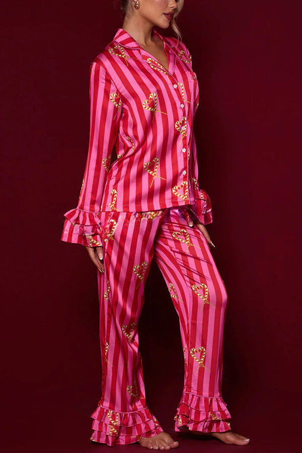 Festive Season Long Candy Stripe Tiered Bell Cuffs Elastic Waist Pocketed Pajama Set