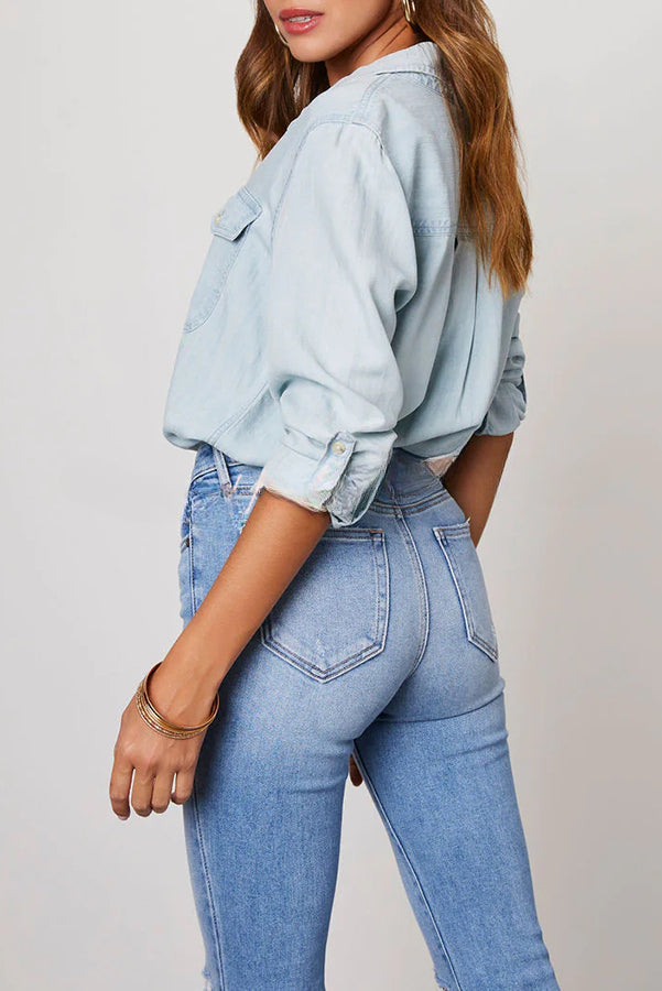 Krissy Denim Pocketed Button Down Relaxed Blouse