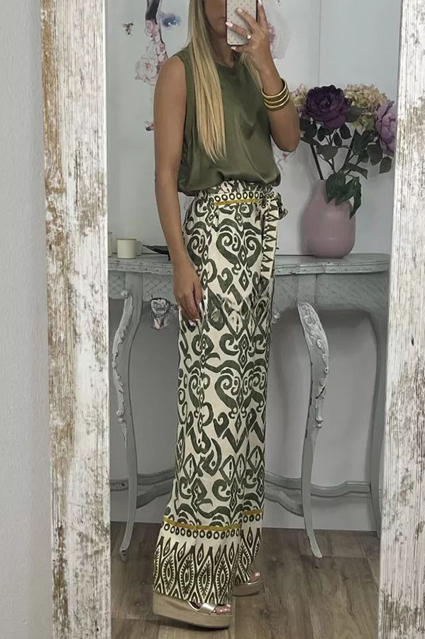 Cecilia Ethnic Print Tie Front Elastic Waist Wide Leg Pants