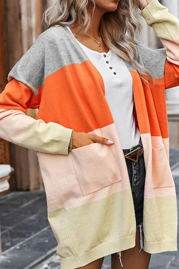 Contrasting rainbow paneled striped long cardigan sweater with pockets