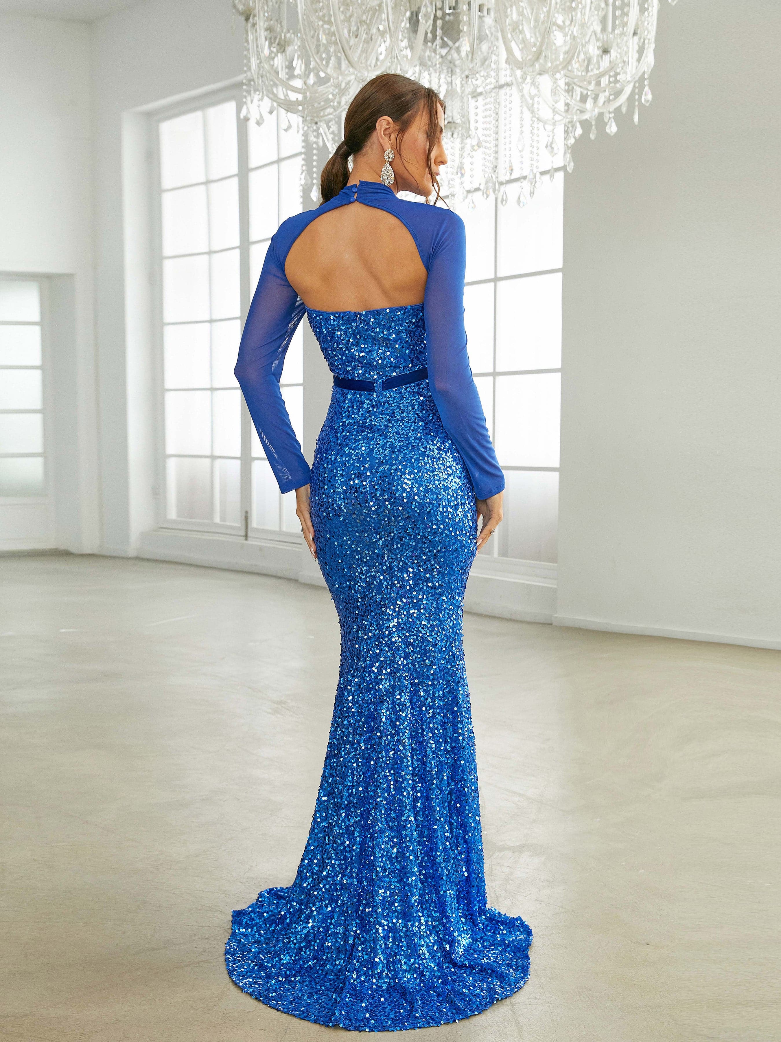 Cutout Blue Sequin Mermaid Evening Dress RD50174