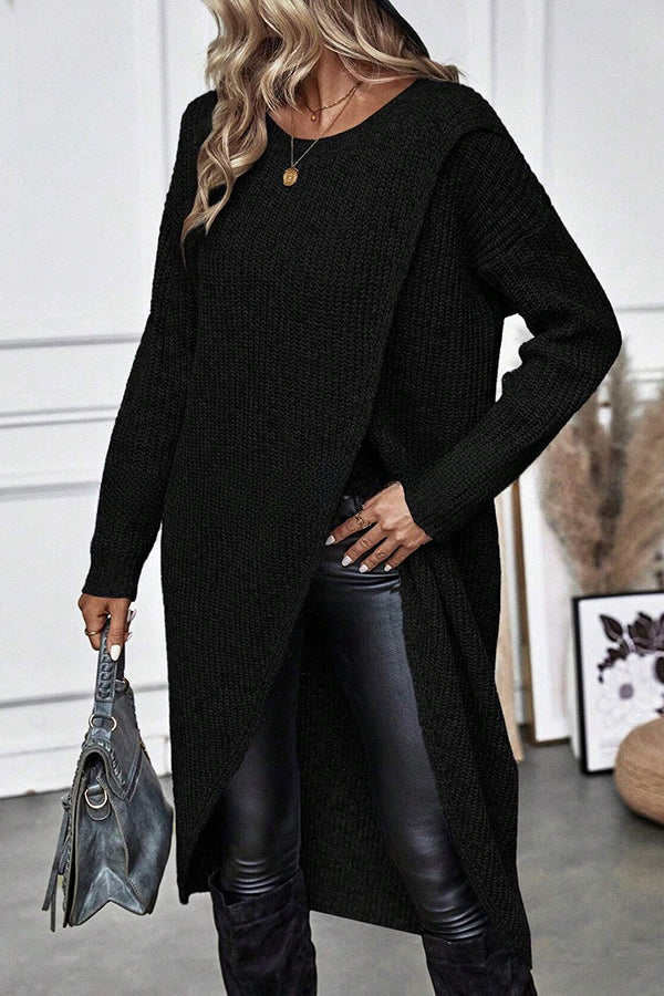 Essence Solid Wrap Hem Knitted Long Sleeve Midi Sweater