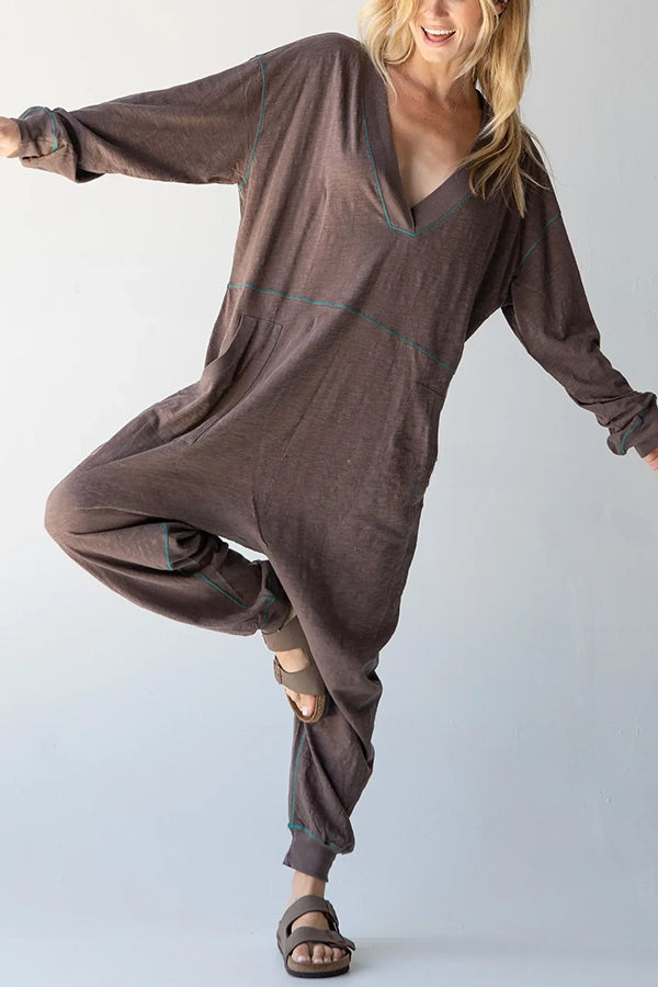 Home or Traveling Cotton Blend Long Sleeve Pocketed Loose Jumpsuit