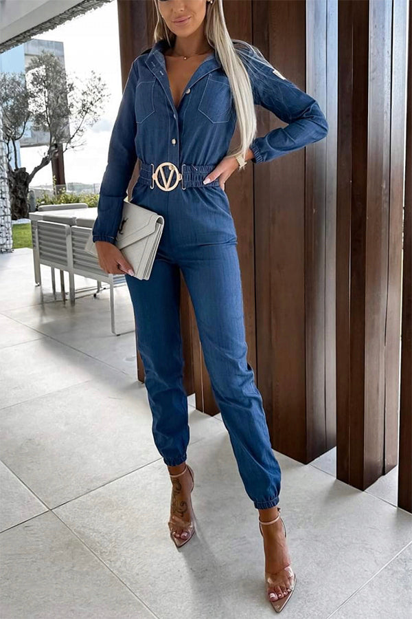 Dreaming of Soho Denim Elastic Belt Pocketed Shirt Jumpsuit