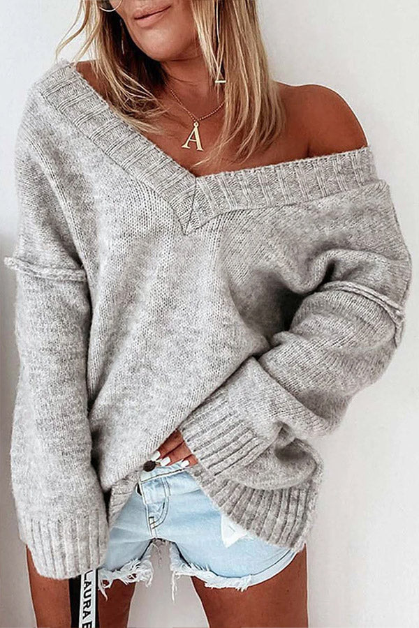 Exposed Seam V Neck Slouchy Sweater