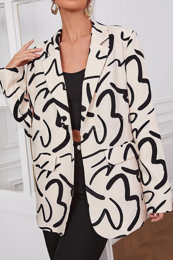 Line Print Button Lapel Long Sleeve Pocketed Blazer