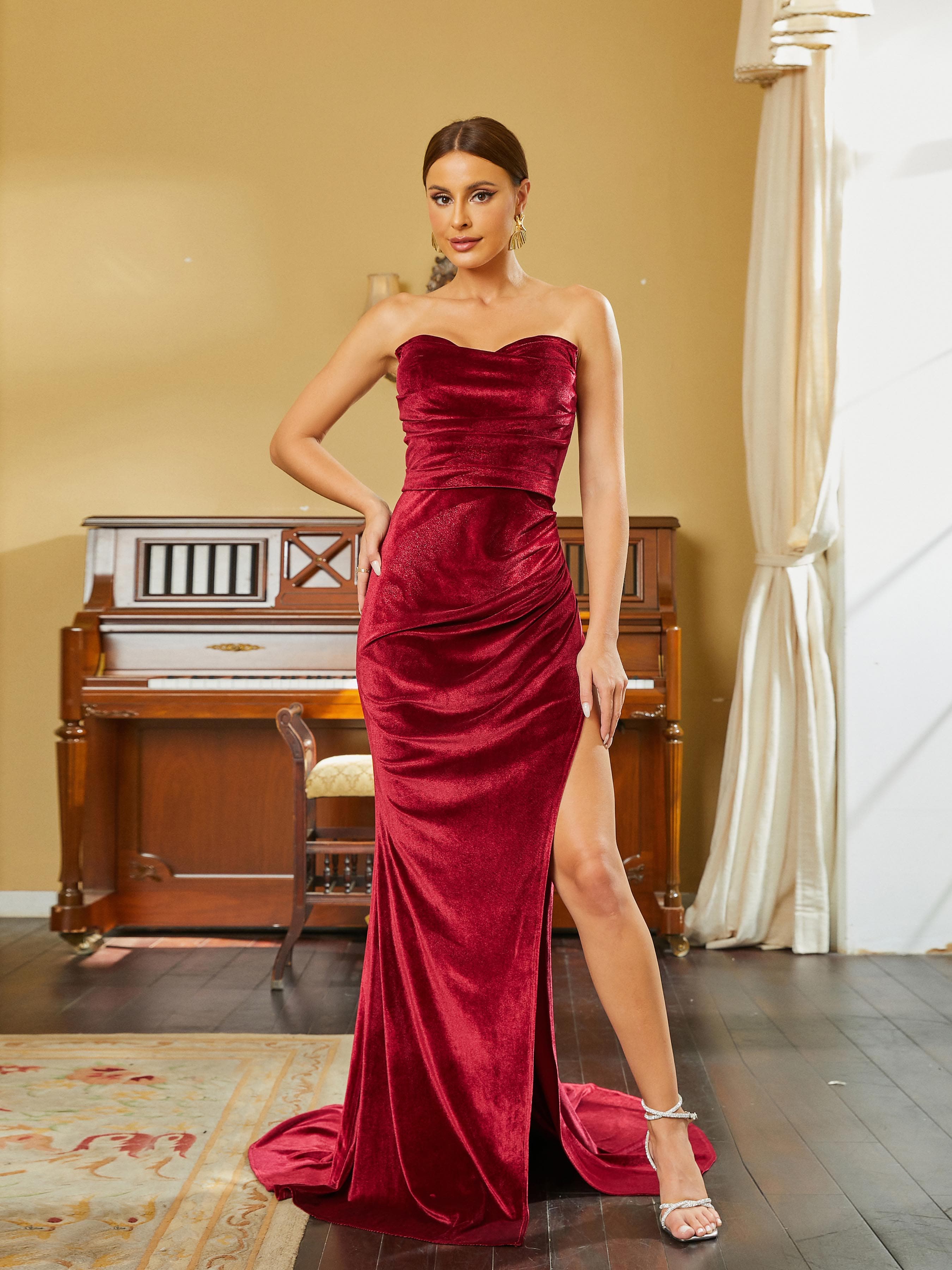 Strapless High Split Velvet Maxi Wine Prom Dress RJ10302