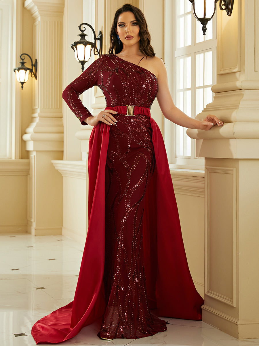 One Shoulder Cloak Sequin Prom Dress XH2172