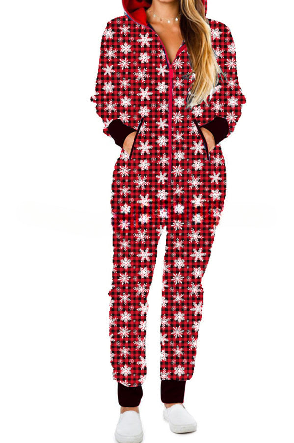 Christmas Print Zipper Pocketed Hooded Loungewear Jumpsuit