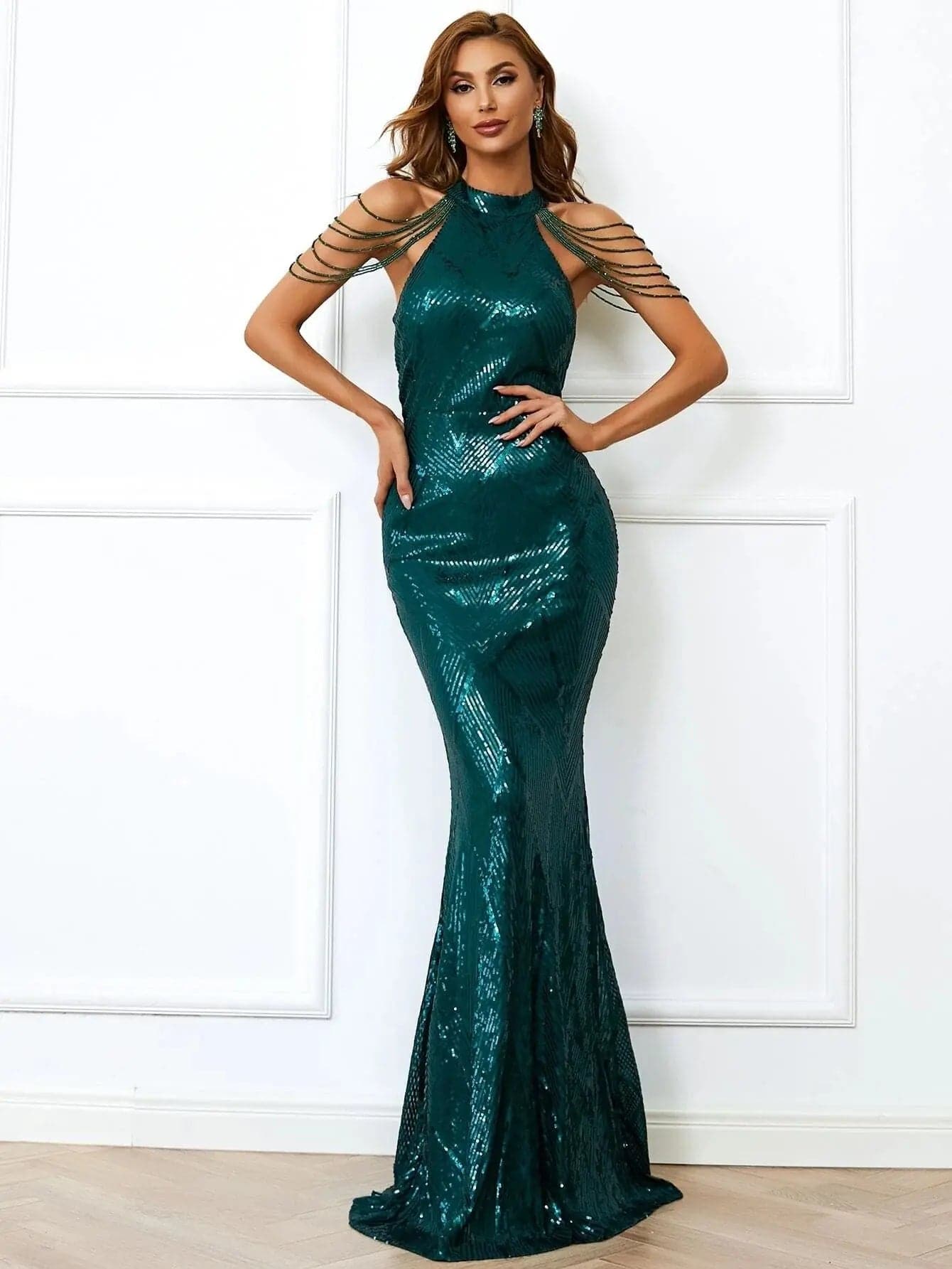 Cold Shoulder Beads Chain Elegant Gold Sequin Prom Dress M01081