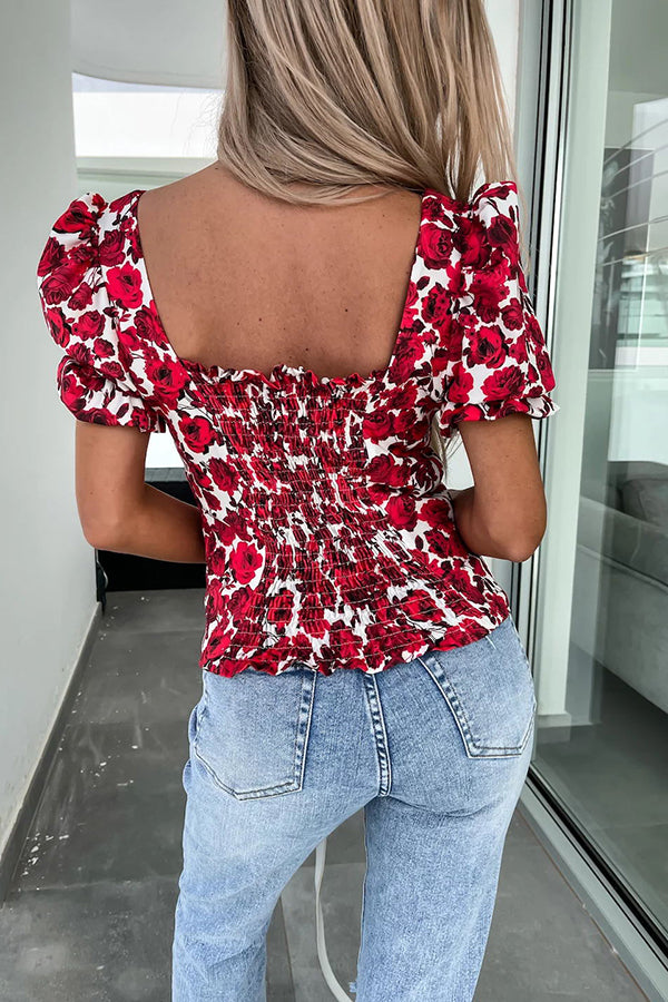 Weekly Plan Floral Puff Sleeve Smocked Back Top