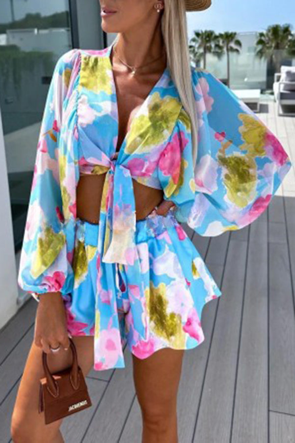 Floral Printed Balloon Sleeve V Neck Shirt Elastic Waist Straight Leg Shorts Set