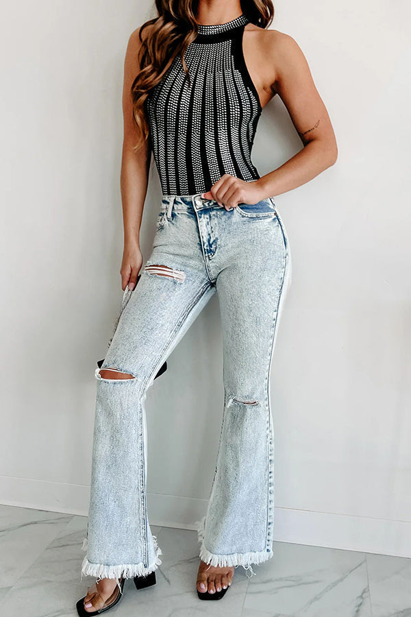 High Rise Pocket Fringe Ripped Jeans