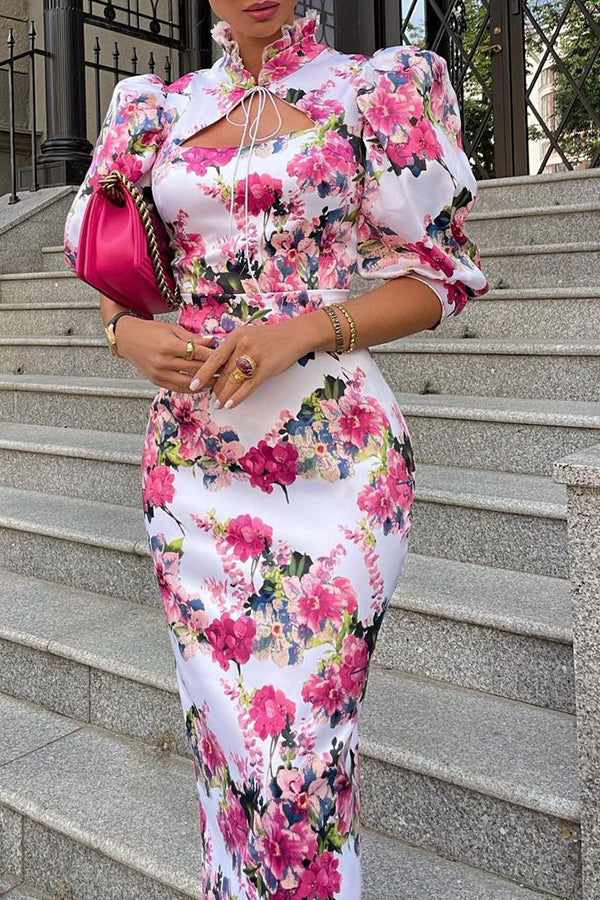 Another Love Song Floral Stand Collar Midi Dress