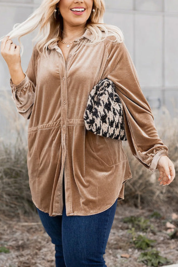 Khaki Casual Button Down Plus Size Velvet Shirt