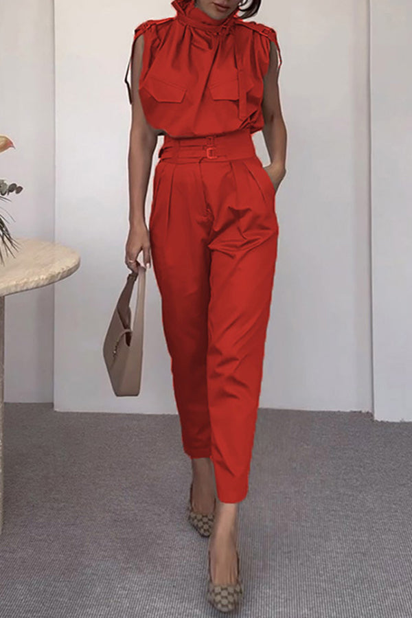 Statement Breast Pocket Top and Side Pocket Belt Long Pant Set