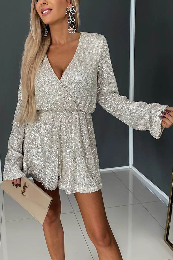 Chic Aspirations Sequin Elastic Waist Wrap Loose Romper