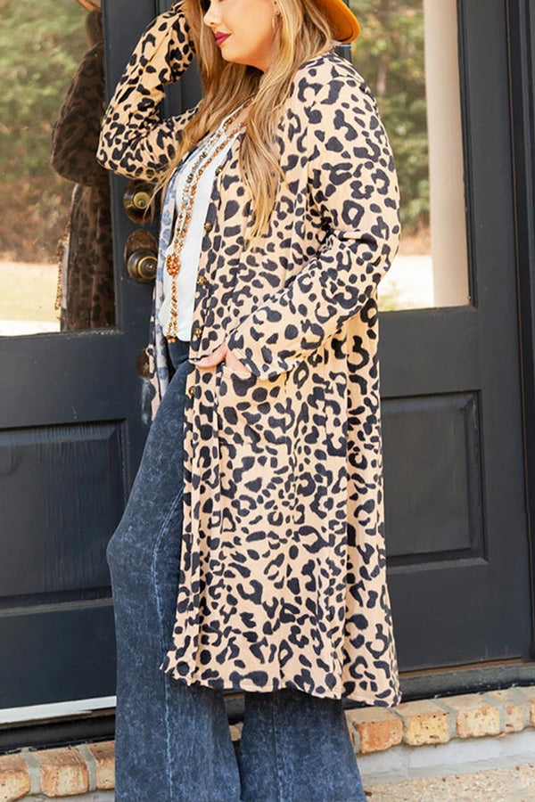 Leopard Plus Size Open Front Pocketed Long Cardigan