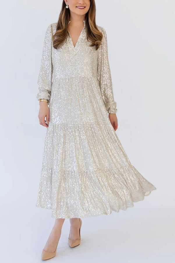 Shimmer and Shine Sequin Pocketed Tiered Party Holiday Midi Dress