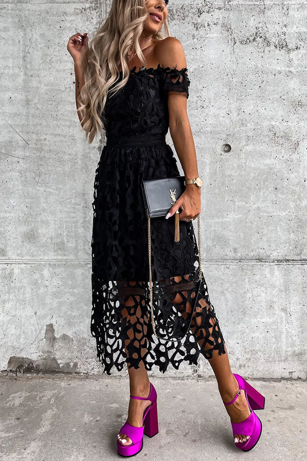 Dream Date Off Shoulder Crochet Lace Midi Dress