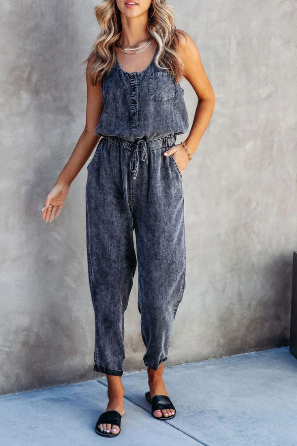 Casual Washed Waist Belt Denim Jumpsuit