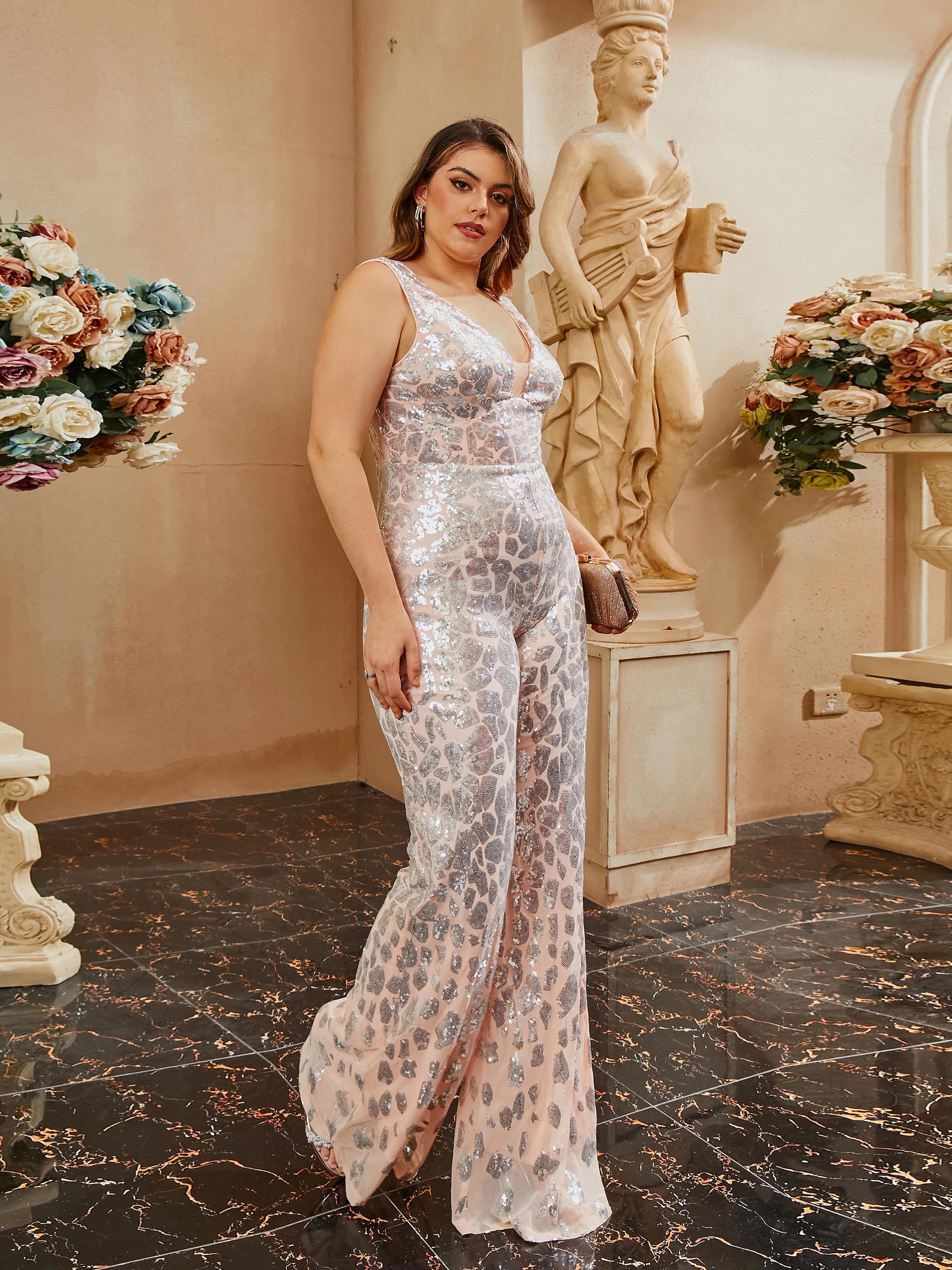 Plus Size V-Neck Backless Sleeveless Sequin Jumpsuits PRH30063