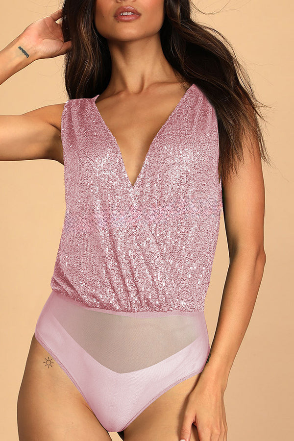 Timeless Beauty Sequin Back Swing Neck Bodysuit Tank