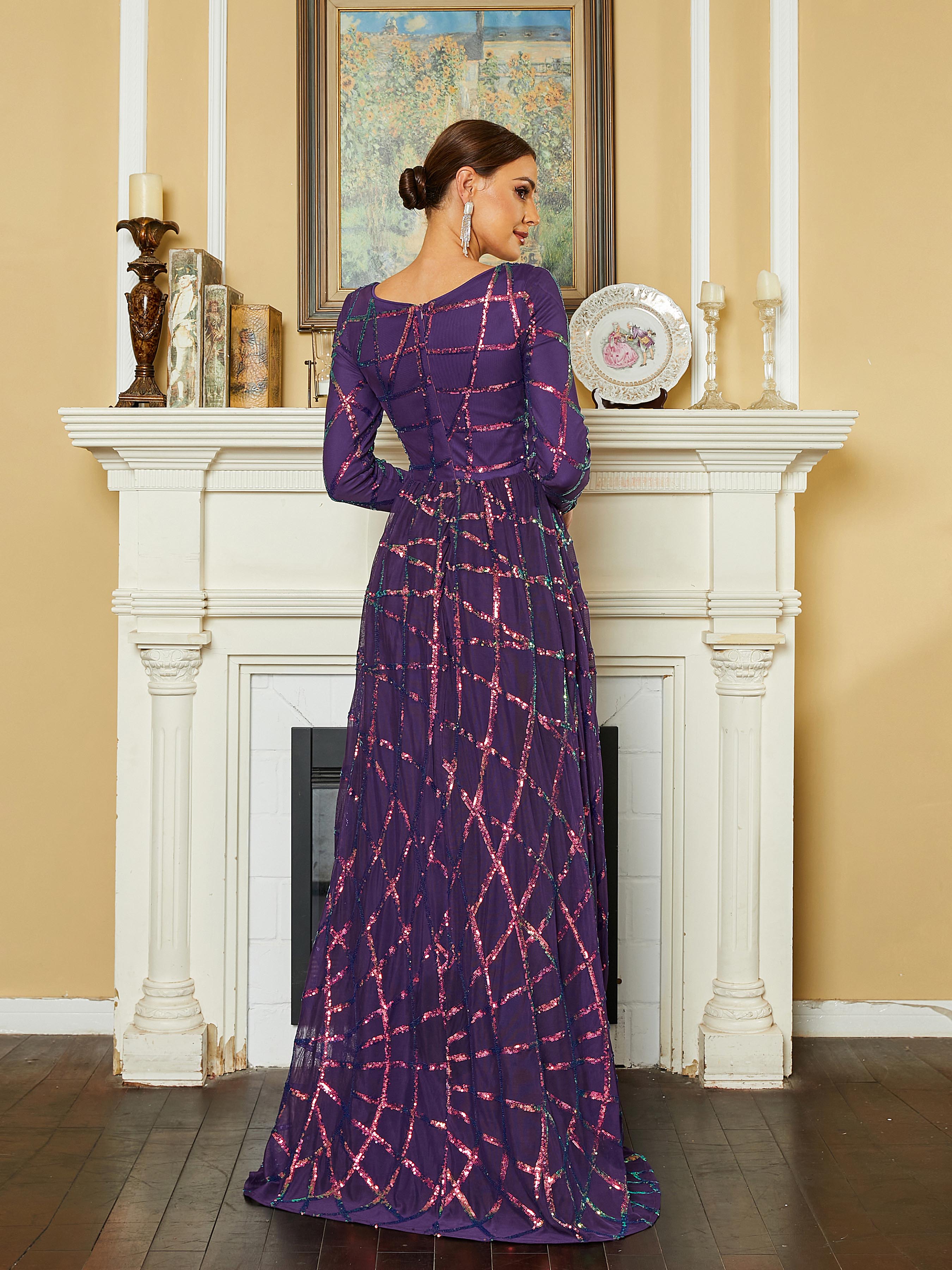 Crew Neck Long Sleeve A-Line Sequin Purple Prom Dress RJ10207