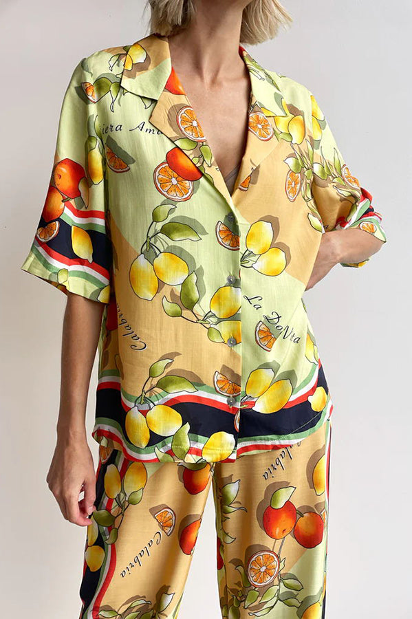 Fruity Citrus Linen Blend Printed Button Down Vacation Blouse